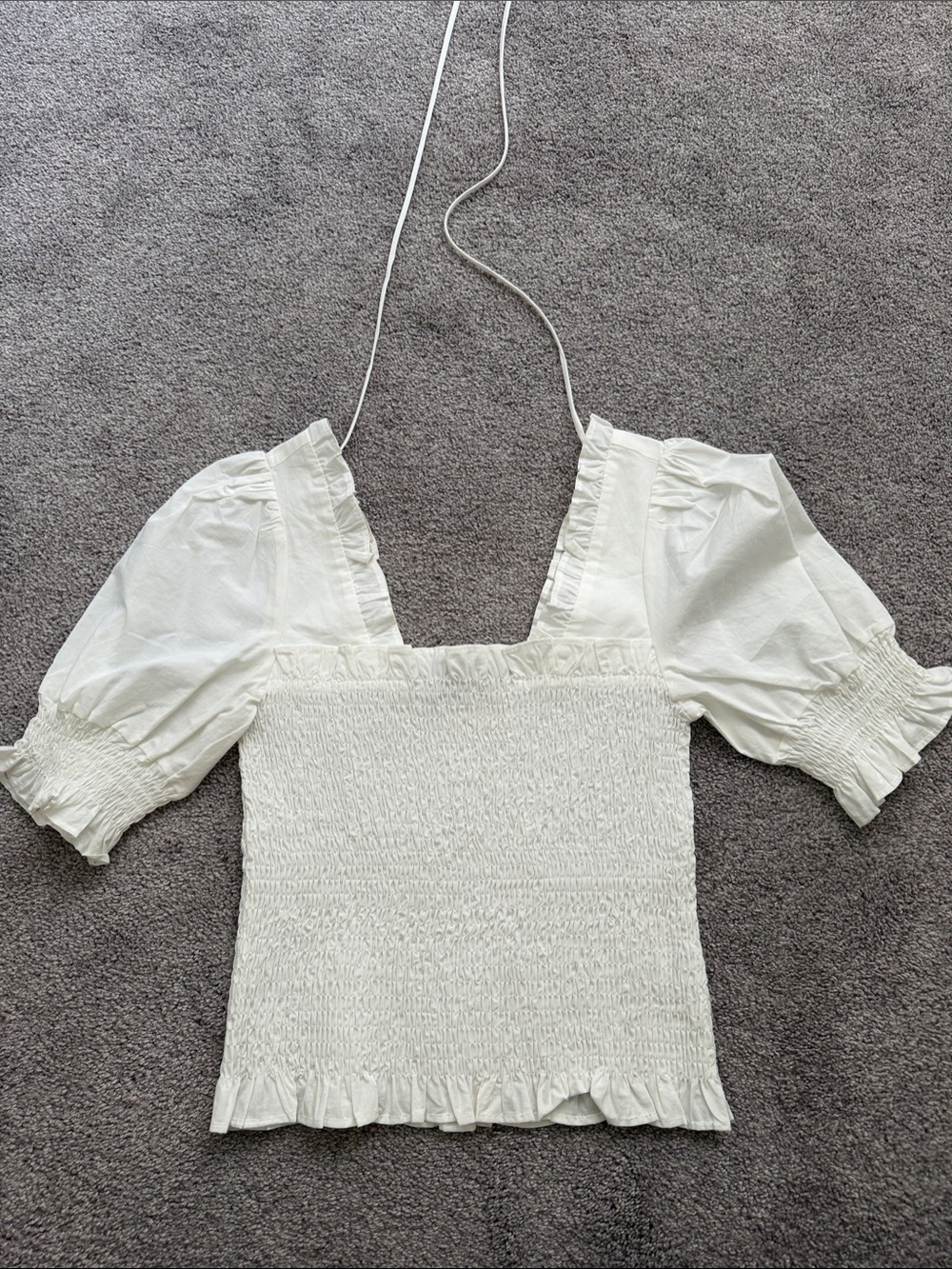 Square-Neck Smocked Puff Sleeve Top in White